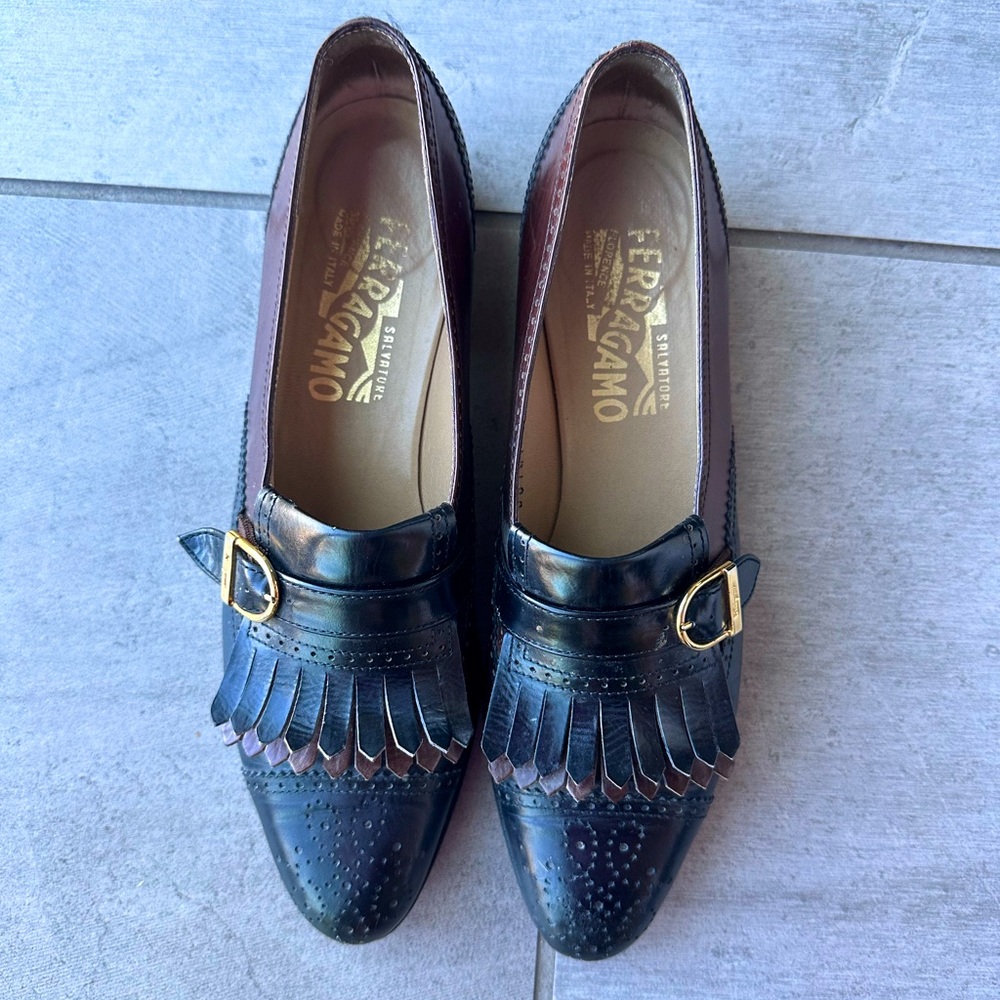 Authentic Salvatore Ferragamo Black and Tan Brogue Buckle Oxford shoes